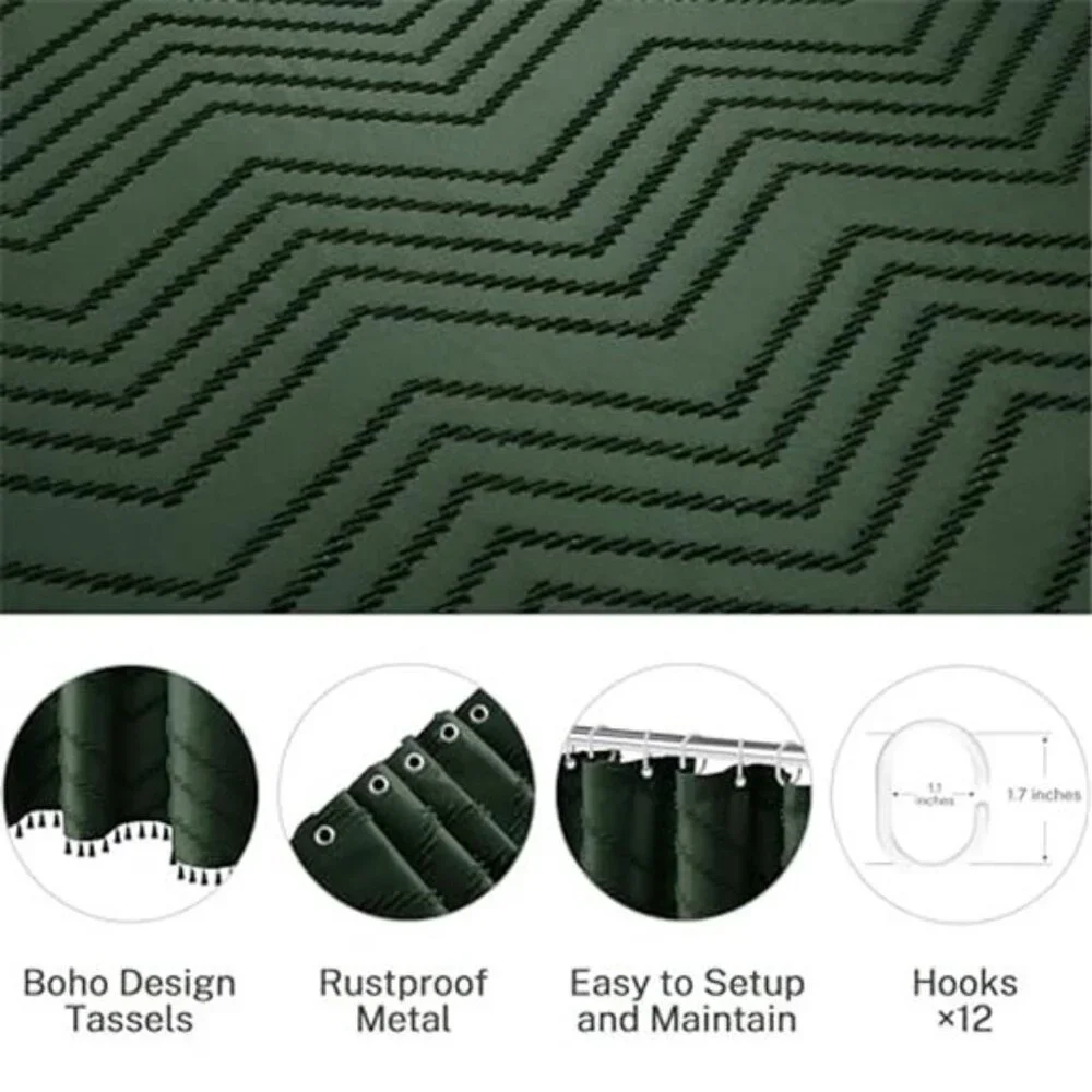 Dark Green Boho Shower Curtain with Tassel Woven Fabric Shower Curtain 72 x 72